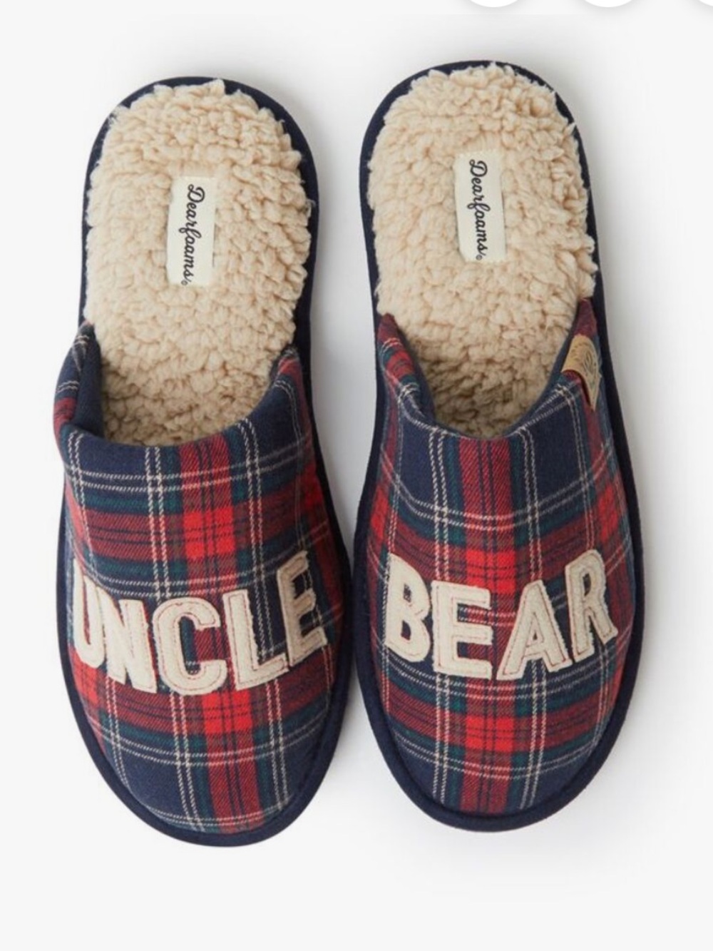 NWT! Dearfoams Men's Carson Uncle Bear Scuff Red Plaid House Slipper Sz S (7-8)